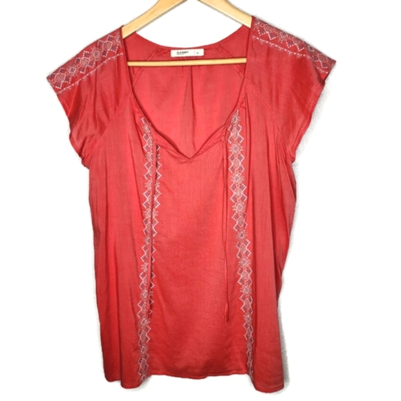 Old Navy Embroidered Tie Neck Top in Coral Size M - Picture 1 of 5